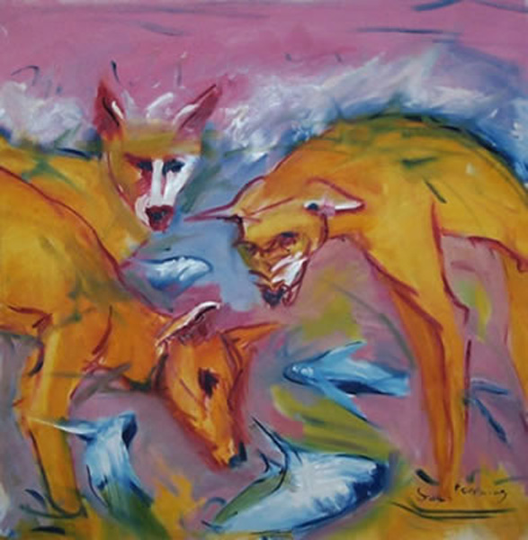 An oil painting of three dingoes standing in the sea and looking at fish